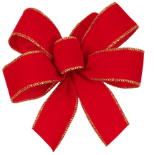 Load image into Gallery viewer, Holiday Bow, VL, 4-Loops with a Center Loop, 7" Wide by 10" Long with Two 4" Tails. Red Velvet, Gold Wired Edge, Waterproof Polyester Ribbon 1.5" Wide. Shipped Flat, Easy to Puff up.