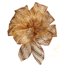 Load image into Gallery viewer, All Occasion Dazzling Gold Shear Bow with Gold Glitter Stripes and Edges, 8-Loops, 6" Wide, 5" Tall, with Two 4" Tails, 1-1/2" Ribbon, Handmade