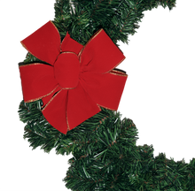 Load image into Gallery viewer, Holiday Bow, Budget Friendly, 4-Loops with a Center Loop, 7" wide by 10" long with two 4" tails. Red Velvet, Gold Wired Edge, waterproof polyester ribbon 2.4" wide. Shipped flat, easy to puff up.