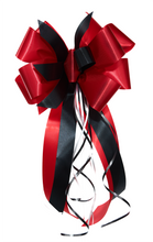 Load image into Gallery viewer, "Firefighters First" - First Responder Bow, Red Ribbon with Narrower Black Styling Ribbon. Curling Ribbon Adds the Accents. 9" Wide, 6" tall with 14" Tails