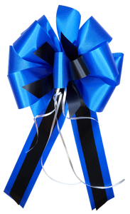 "Back the Blue" - First Responder Support Bow, Blue Ribbon with Narrower Black Styling Ribbon. Curling Ribbon Adds the Accents. 9" Wide, 6" tall with 14" Tails