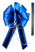Load image into Gallery viewer, "Back the Blue" - First Responder Support Bow, Blue Ribbon with Narrower Black Styling Ribbon. Curling Ribbon Adds the Accents. 9" Wide, 6" tall with 14" Tails