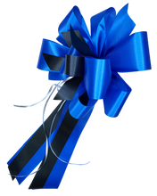 Load image into Gallery viewer, "Back the Blue" - First Responder Support Bow, Blue Ribbon with Narrower Black Styling Ribbon. Curling Ribbon Adds the Accents. 9" Wide, 6" tall with 14" Tails