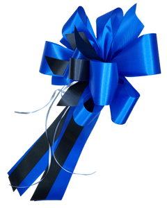"Back the Blue" - First Responder Support Bow, Blue Ribbon with Narrower Black Styling Ribbon. Curling Ribbon Adds the Accents. 9" Wide, 6" tall with 14" Tails