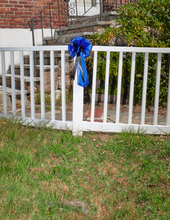 Load image into Gallery viewer, "Back the Blue" - First Responder Support Bow, Blue Ribbon with Narrower Black Styling Ribbon. Curling Ribbon Adds the Accents. 9" Wide, 6" tall with 14" Tails