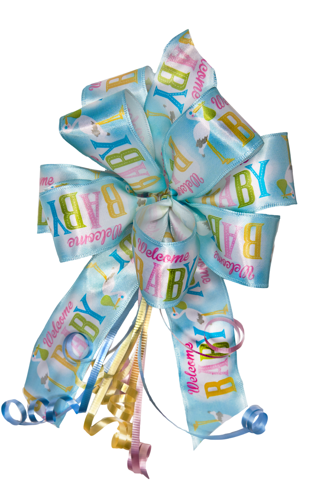 Welcome Baby Bows with Pink, Blue and Yellow Curling Ribbon Accents
