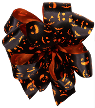 Load image into Gallery viewer, Halloween Bow Black Wired Ribbon with Printed Orange Faces
