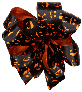 Halloween Bow Black Wired Ribbon with Printed Orange Faces