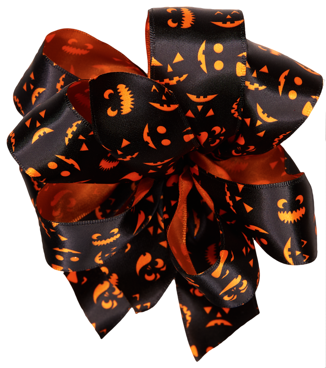 Halloween Bow Black Wired Ribbon with Printed Orange Faces