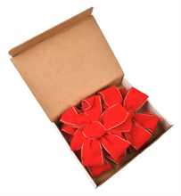Load image into Gallery viewer, Holiday Bow, Budget Friendly, 4-Loops with a Center Loop, 7" wide by 10" long with two 4" tails. Red Velvet, Gold Wired Edge, waterproof polyester ribbon 2.4" wide. Shipped flat, easy to puff up.