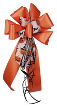 Load image into Gallery viewer, "Fall's Finest Bow" - Halloween Bow, Ribbon with White Pumpkin Ribbon Accent. Curling Ribbon Adds the final touch. 9" Wide, 20" overall tall with 14" Tails.