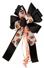 Load image into Gallery viewer, "Fall's Finest Bow" - Halloween Bow, Ribbon with White Pumpkin Ribbon Accent. Curling Ribbon Adds the final touch. 9" Wide, 20" overall tall with 14" Tails.