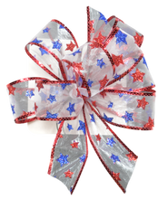 Load image into Gallery viewer, Patriot White Shear Bows with Red & Blue Glitter Stars