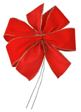 Load image into Gallery viewer, Holiday Bow, Budget Friendly, 4-Loops with a Center Loop, 7" wide by 10" long with two 4" tails. Red Velvet, Gold Wired Edge, waterproof polyester ribbon 2.4" wide. Shipped flat, easy to puff up.