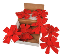 Load image into Gallery viewer, Holiday Bow, Budget Friendly, 4-Loops with a Center Loop, 7" wide by 10" long with two 4" tails. Red Velvet, Gold Wired Edge, waterproof polyester ribbon 2.4" wide. Shipped flat, easy to puff up.