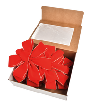 Load image into Gallery viewer, Holiday Bow, Budget Friendly, 4-Loops with a Center Loop, 7" wide by 10" long with two 4" tails. Red Velvet, Gold Wired Edge, waterproof polyester ribbon 2.4" wide. Shipped flat, easy to puff up.