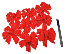 Load image into Gallery viewer, Holiday Bow, Budget Friendly, 4-Loops with a Center Loop, 7" wide by 10" long with two 4" tails. Red Velvet, Gold Wired Edge, waterproof polyester ribbon 2.4" wide. Shipped flat, easy to puff up.