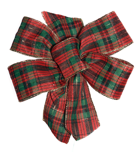 Holiday Bow, 4-Loops with a Center Loop, 7" Wide by 8" Long with Two 4" Tails. Red and Green Plaid, Gold Wired Edge, Polyester Ribbon 2.4" Wide. Shipped Flat, Easy to Puff up.