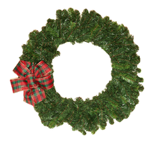 Load image into Gallery viewer, Holiday Bow, 4-Loops with a Center Loop, 7&quot; Wide by 8&quot; Long with Two 4&quot; Tails. Red and Green Plaid, Gold Wired Edge, Polyester Ribbon 2.4&quot; Wide. Shipped Flat, Easy to Puff up.
