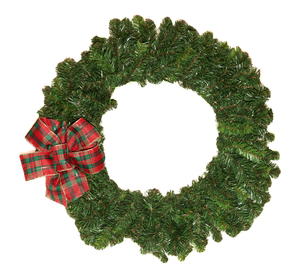 Holiday Bow, 4-Loops with a Center Loop, 7" Wide by 8" Long with Two 4" Tails. Red and Green Plaid, Gold Wired Edge, Polyester Ribbon 2.4" Wide. Shipped Flat, Easy to Puff up.