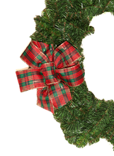 Load image into Gallery viewer, Holiday Bow, 4-Loops with a Center Loop, 7&quot; Wide by 8&quot; Long with Two 4&quot; Tails. Red and Green Plaid, Gold Wired Edge, Polyester Ribbon 2.4&quot; Wide. Shipped Flat, Easy to Puff up.

