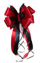 Load image into Gallery viewer, &quot;Firefighters First&quot; - First Responder Bow, Red Ribbon with Narrower Black Styling Ribbon. Curling Ribbon Adds the Accents. 9&quot; Wide, 6&quot; tall with 14&quot; Tails
