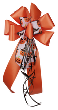 Load image into Gallery viewer, &quot;Fall&#39;s Finest Bow&quot; - Halloween Bow, Ribbon with White Pumpkin Ribbon Accent. Curling Ribbon Adds the final touch. 9&quot; Wide, 20&quot; overall tall with 14&quot; Tails.
