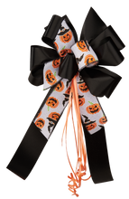 Load image into Gallery viewer, &quot;Fall&#39;s Finest Bow&quot; - Halloween Bow, Ribbon with White Pumpkin Ribbon Accent. Curling Ribbon Adds the final touch. 9&quot; Wide, 20&quot; overall tall with 14&quot; Tails.
