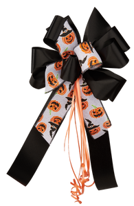 "Fall's Finest Bow" - Halloween Bow, Ribbon with White Pumpkin Ribbon Accent. Curling Ribbon Adds the final touch. 9" Wide, 20" overall tall with 14" Tails.