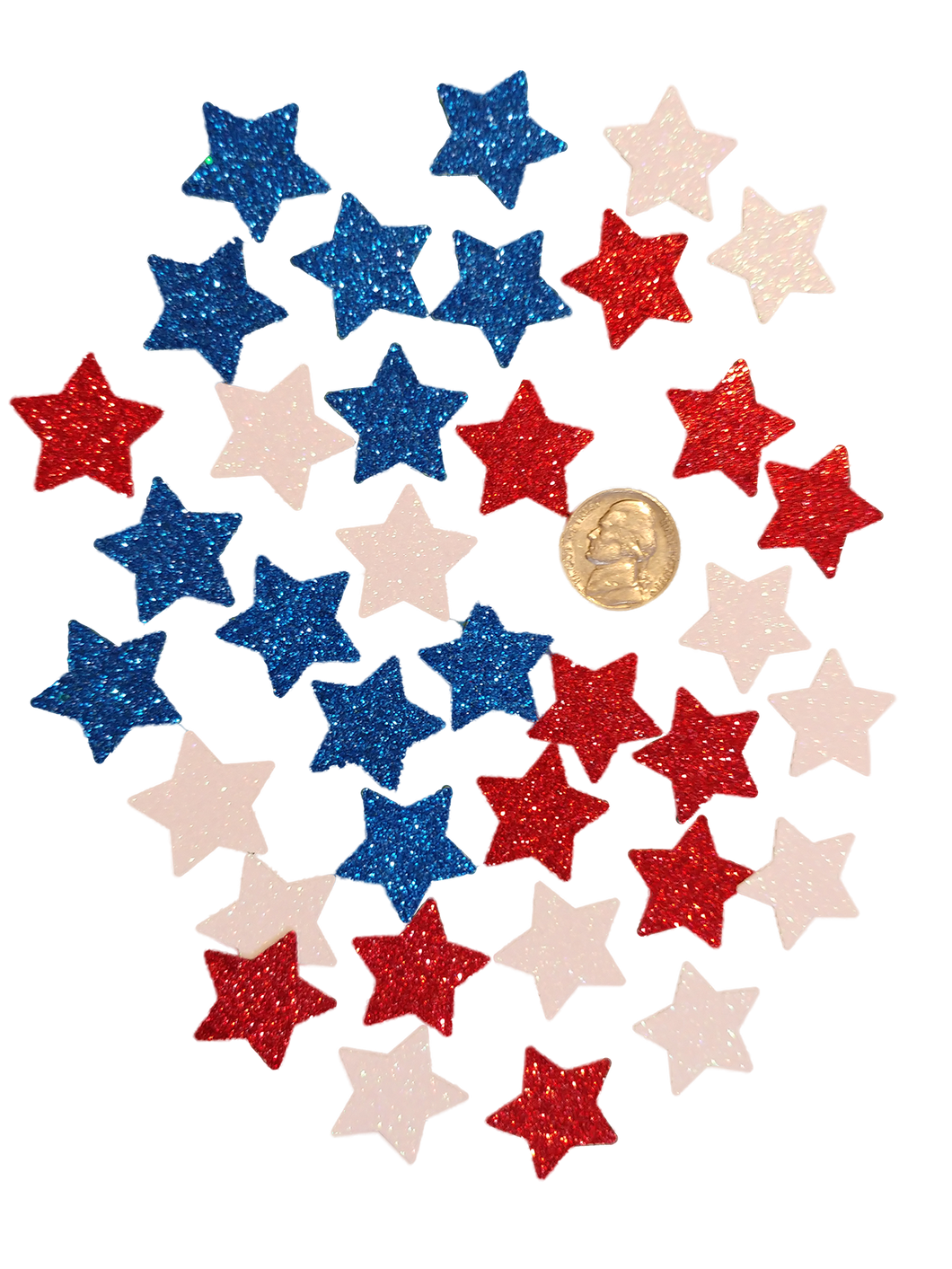 36-Pack, Patriotic Red, White & Blue Glitter Stars, 7/8 Inch, Cardstock, Glitter 1-Side Only, 12 of Each Color